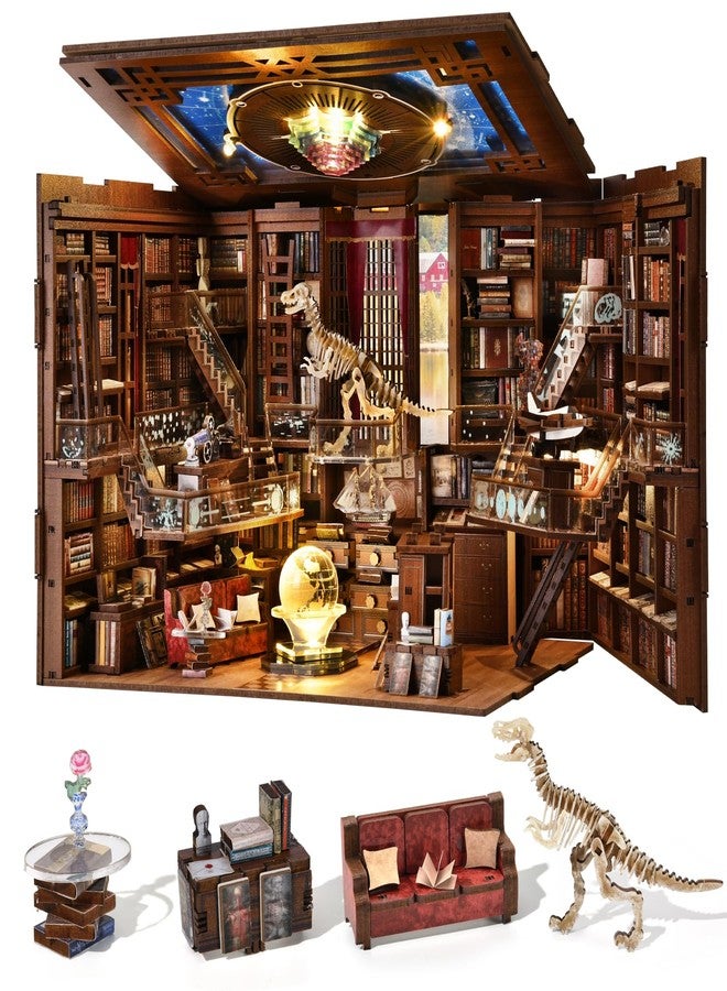 CCCDF مجموعة ركن الكتب CCCDF DIY، مجموعة ركن الكتب المصغرة لبيت الدمى، ديكور رف الكتب ثلاثي الأبعاد من الخشب مع إضاءة LED للمراهقين والبالغين (Beyond Library Max) - Image 1